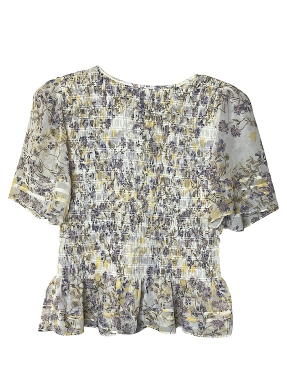 CAbi Floral Smocked Peplum Blouse in Cream, Yellow & Purple Sz M - Picture 3 of 6